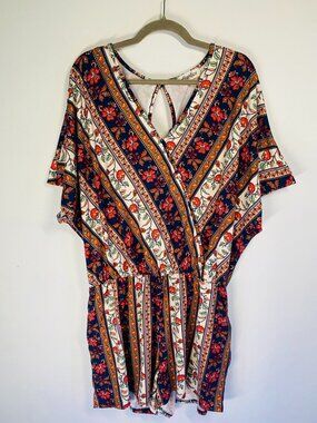 Haptics Womens Boho Floral Striped Romper With Keyhole Back & Short Sleeves 3X